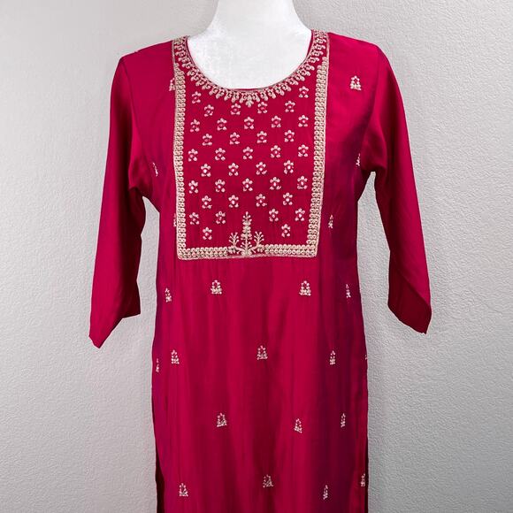 Fuchsia Pink Gold Chikankari Indian High Slits Half Sleeve Kurta Tunic Top M/L - Picture 3 of 13